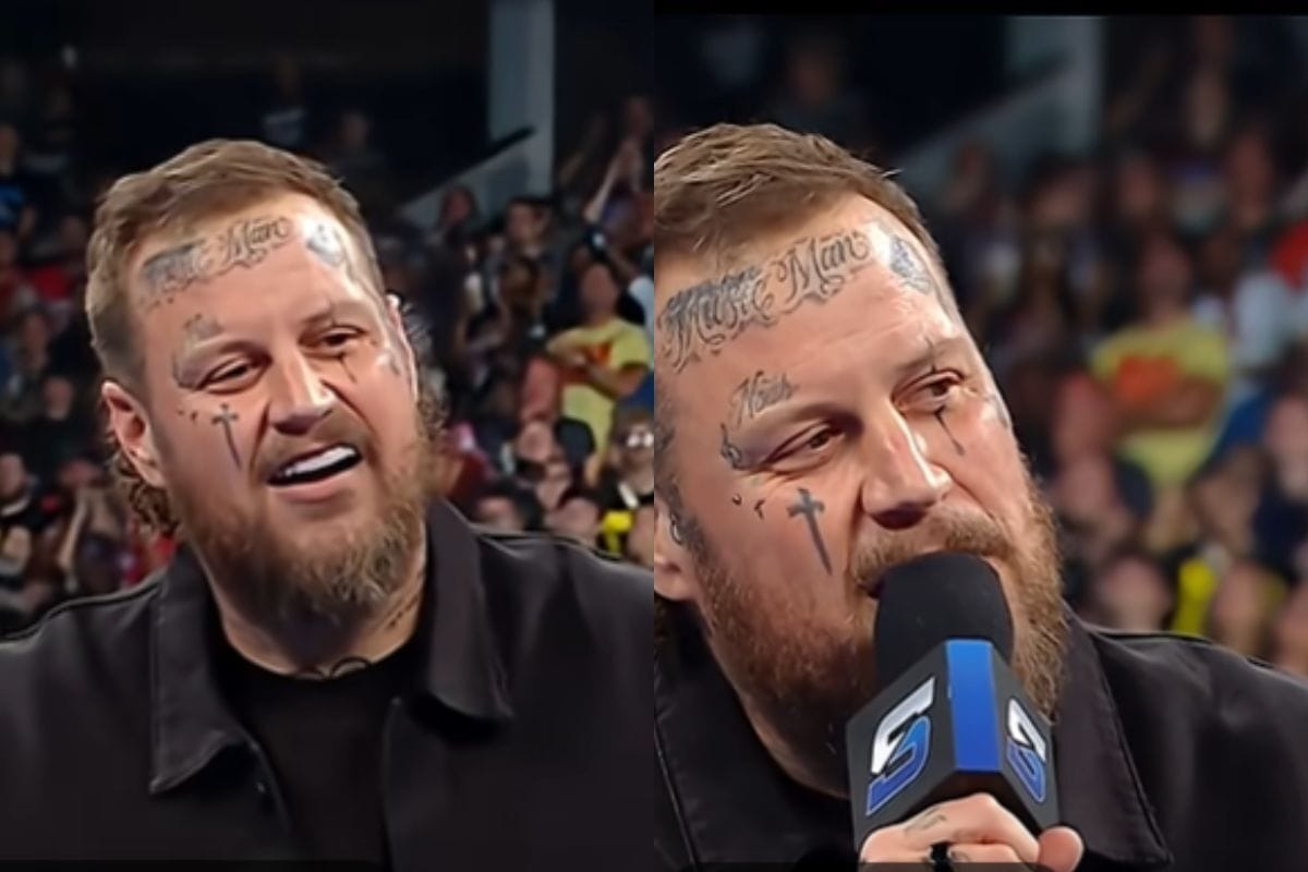 ALT: A bearded man with tattoos speaks into a microphone during a live music event.