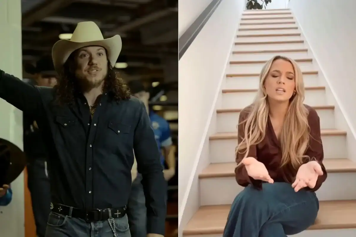 Music artist with long blonde hair sitting on stairs.