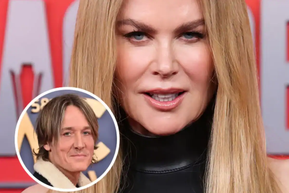 Close-up of a woman with blonde hair at a red carpet event, with a small inset of a man with brown h.