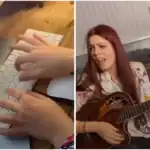 Hands typing on a keyboard and a woman playing guitar and singing.