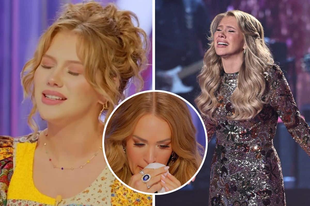 Two emotional female singers performing on stage with vibrant lighting.