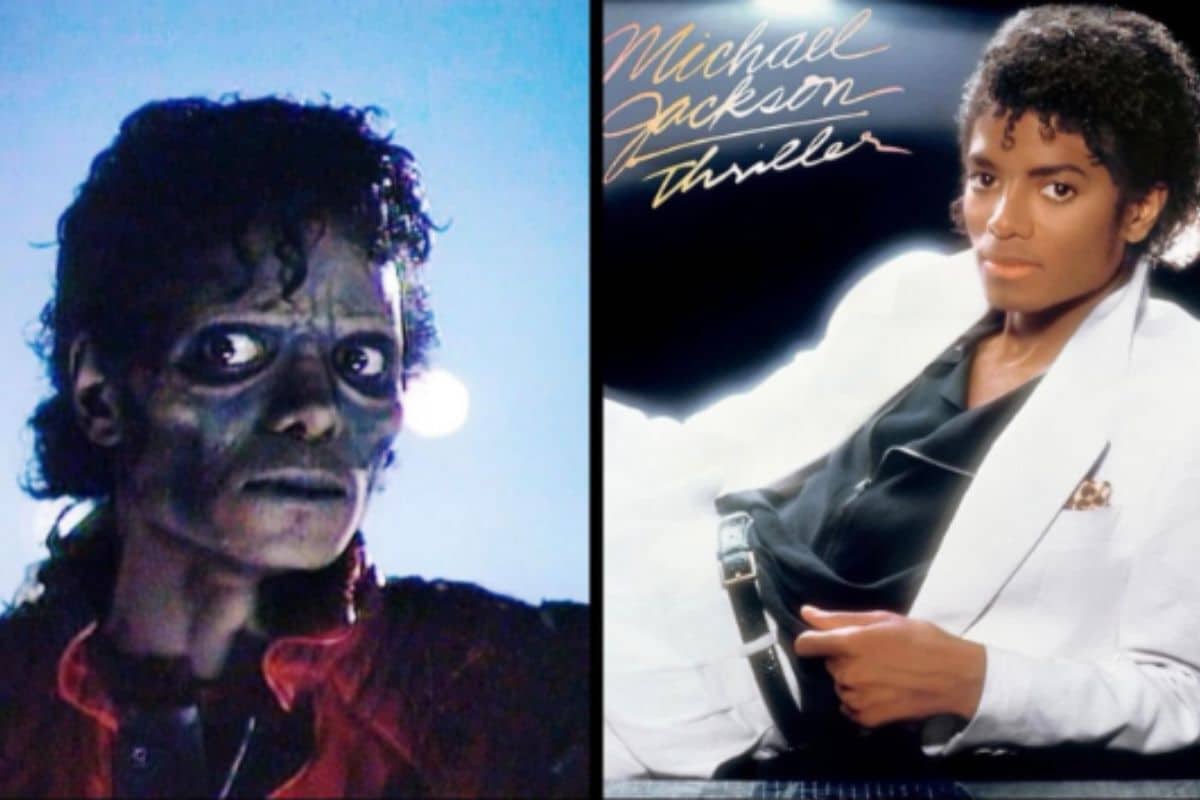 Iconic image of Michael Jackson from Thriller album with signature.